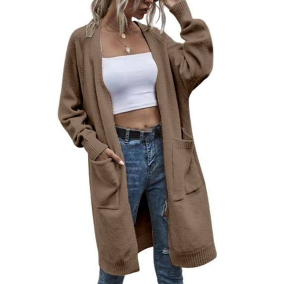 Baqcunre Womens Jacket Women's Autumn Knit Cardigan Mid Length Double Pocket Casual Loose Coat Suitable For Family Party Travel Daily Cardigan Womens Coats Womens Fall Fashion 2023 Coffee L