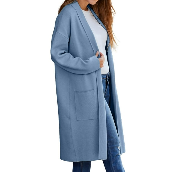Baqcunre Womens Jacket Women's Autumn And Winter Solid Color Fashionable Thin Lapel Long Woolen Coat Casual Cardigan Womens Coats Fall Outfits Blue XL