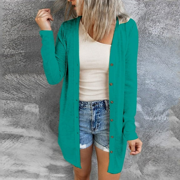 Baqcunre Womens Jacket Women's Solid Color Fashion Casual Button Long Sleeve Cardigan Womens Coats Fall Outfits Mint Green M