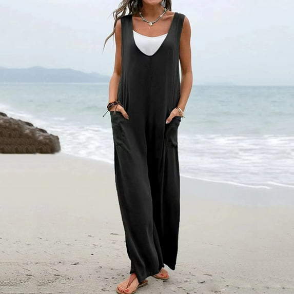 Baqcunre Womens Jumpsuits Women Summer Wide Leg Jumpsuit Sleeveless V Neck Loose Jumpsuit Comfy Baggy Tank Romper With Pockets Womens Sweatpants Women'S Pants Black L