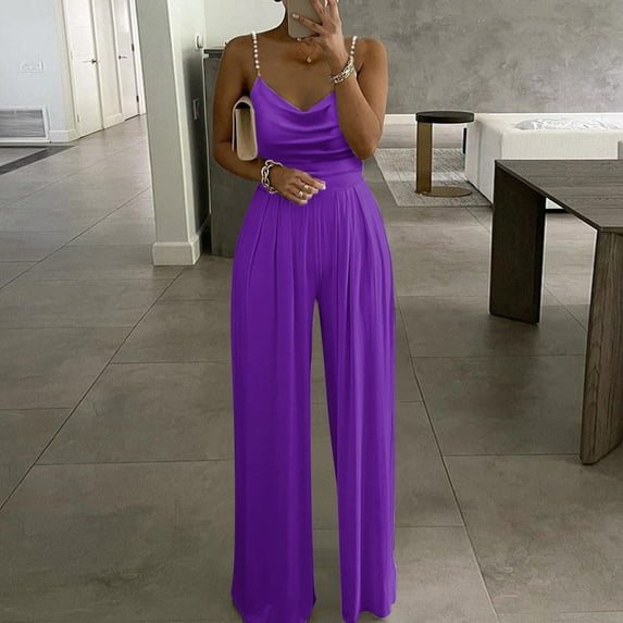 Baqcunre Womens Jumpsuits Womens Two Pearl Strap Sweetheart V Neck High Waist Tube Jumpsuit Pants Summer Dressy Rompers Jumpsuit Jogger Pants For Women Pants For Women Purple XL