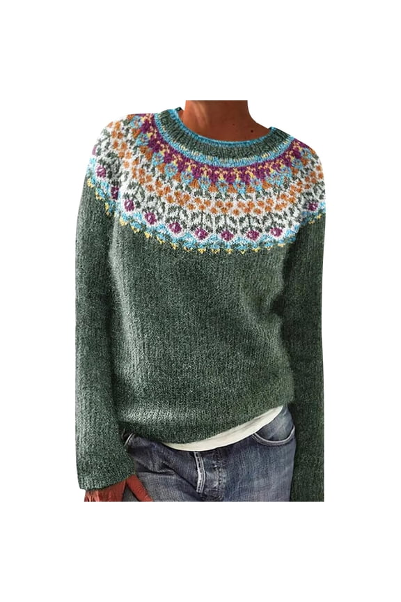 Womens Knitted Patchwork Print Retro Sweater Casual Loose Crewneck Long Sleeve Lightweight Cropped Pullover Tops for Women, 1PC Sweater Green2 2XL