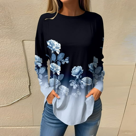 Baqcunre Womens Long Sleeve Tee Shirt Women's Printed Fashion Casual Pullover Round Neck Long Sleeve Top Crewneck Sweatshirts Plus Size Tops Black 3XL