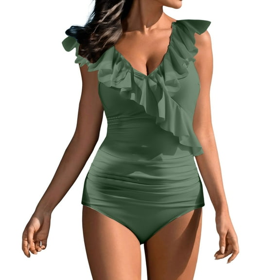 Baqcunre Womens One Piece Swimsuits, Women's Slim Fit Cute Swimsuit with Chest Pad without Brackets Pleated V Neck Swimsuit, Women's Swimwear 1PC Green M