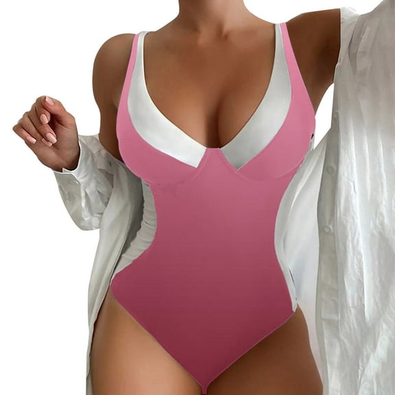 Baqcunre Womens One Piece Swimsuits, Women's Spring/Summer Floral Print Cut Waist Bikini Set with Chest Topper, Women's Swimwear 1PC Pink 2XL