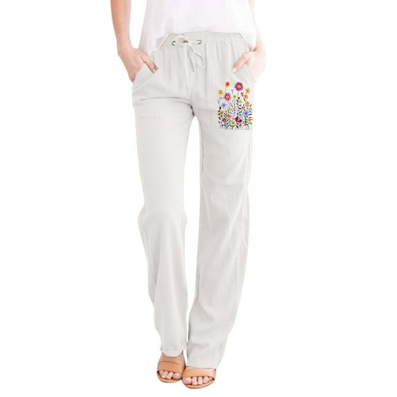 Baqcunre Womens Printing Casual Loose Pants with Pockets Elastic High Waist Paper Bag Pants Linen Pants,Size M,Womens Sweatpants,Pants for Women,Womens Fashion,Women's Pants,Women Clothing,White