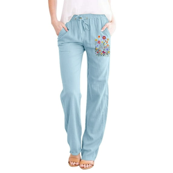 Baqcunre Womens Printing Casual Loose Pants with Pockets Elastic High Waist Paper Bag Pants Linen Pants,Size M,Womens Sweatpants,Pants for Women,Womens Fashion,Women's Pants,Women Clothing,Light blue