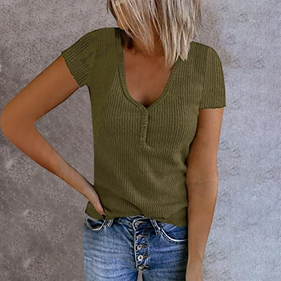 Baqcunre Womens Shirts Women Casual Solid Color Top Shirt V Neck Button Short Sleeve Knit Splice Shirt Fashion Casual Soft Blouse Top Womens T Shirts Womens Tops Army Green L