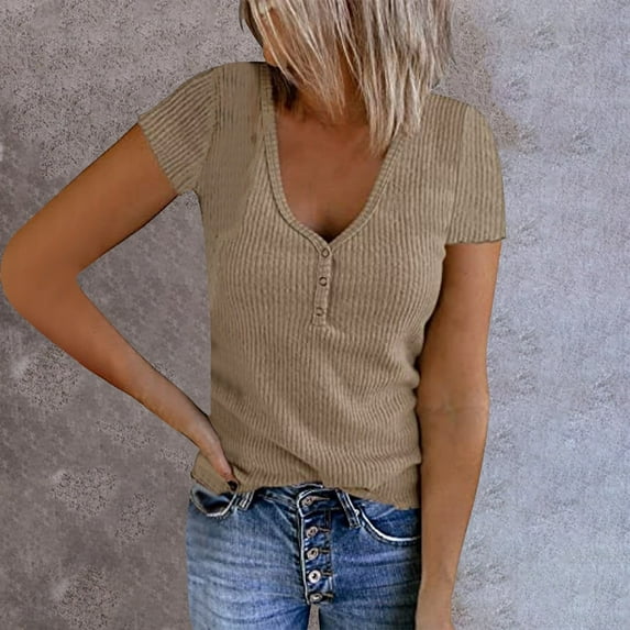 Baqcunre Womens Shirts Women Casual Solid Color Top Shirt V Neck Button Short Sleeve Knit Splice Shirt Fashion Casual Soft Blouse Top Womens T Shirts Womens Tops Khaki XL