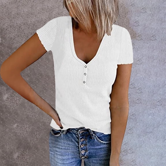 Baqcunre Womens Shirts Women Casual Solid Color Top Shirt V Neck Button Short Sleeve Knit Splice Shirt Fashion Casual Soft Blouse Top Womens T Shirts Womens Tops White L