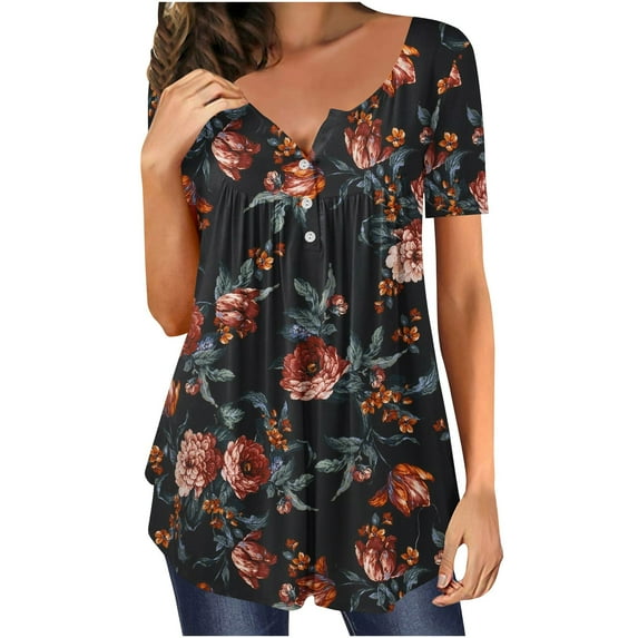 Baqcunre Womens Shirts Women'S Fashionable Casual Round Neck Printed Button Tops Blouses Womens T Shirts Womens Blouses H XXL