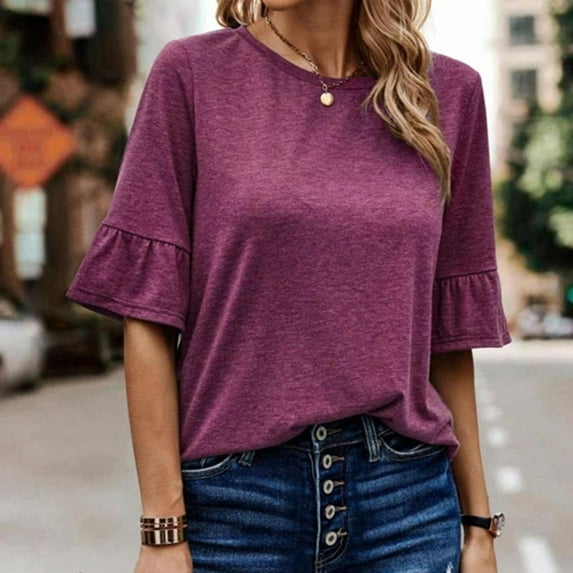 Baqcunre Womens Shirts Women'S Single Breasted Fashion Short Sleeved Leaf Sleeve Trimmed T Shirt Solid Color Top Womens T Shirts Womens Tops Hot Pink XXL