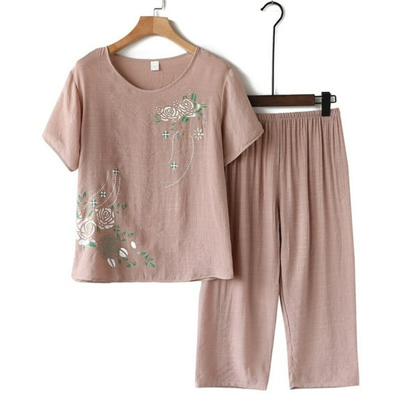 Baqcunre Womens Shorts Women Short Sleeved Summer Collar Printing Loose Middle Aged And Elderly Cotton And Linen Two Pieces Workout Sets For Women Women'S Pants Beige XL