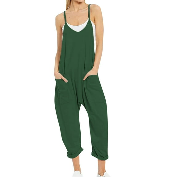 Baqcunre Womens Sleeveless Loose Solid Color Strap Loose Pocket Jumpsuit,M,Jumpsuits For Women Casual,Womens Jumpsuit,One Piece Jumpsuit,Pants For Women,Womens Clothes,Green