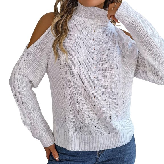 Baqcunre Womens Sweaters Womens Knit High Neckline With Bare Shoulders Crew Neck Long Sleeve Casual Loose Pullover Sweater Top Hoodies For Women Womens Fall Tops White L