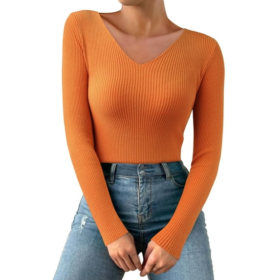 Baqcunre Womens Sweaters Women Autumn And Winter V Neck Casual Knitted Long Sleeved Pullover Thermal Top Womens Tops Crop Tops F One Size