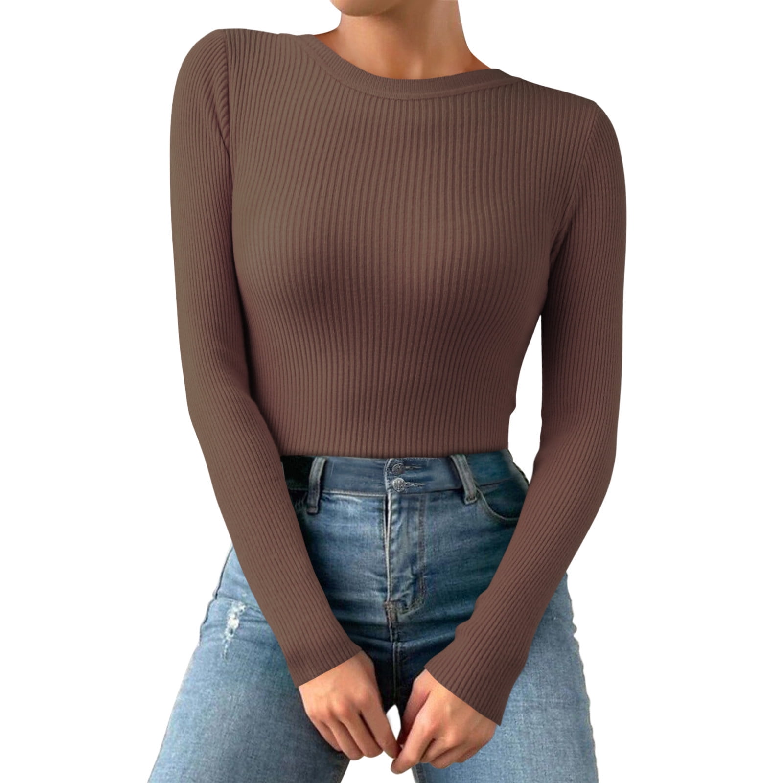 Womens Sweaters Women Casual Multicolor Basic Round Neck Solid Color Knit Long Sleeve Bodysuit Top Womens Tops Crop Tops Coffee One Size