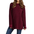 thumbnail image 1 of Baqcunre Womens Sweaters Women's Autumn And Winter Casual Loose Fitting Long Sleeved Round Neck Mid Length Hem With Split Stripe Patchwork Sweater Hoodies For Women Womens Fall Tops Red L, 1 of 7
