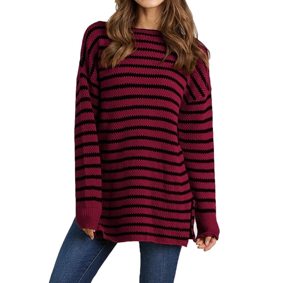 Baqcunre Womens Sweaters Women's Autumn And Winter Casual Loose Fitting Long Sleeved Round Neck Mid Length Hem With Split Stripe Patchwork Sweater Hoodies For Women Womens Fall Tops Red L