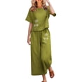 thumbnail image 1 of Baqcunre Womens Sweatpants Linen Sets For Women 2 Piece Ladies Cotton Short Sleeve Printed Blouse Loose Cropped Pants Two Piece Suit Pant Suits Workout Sets For Women Womens Pants Army Green S, 1 of 4