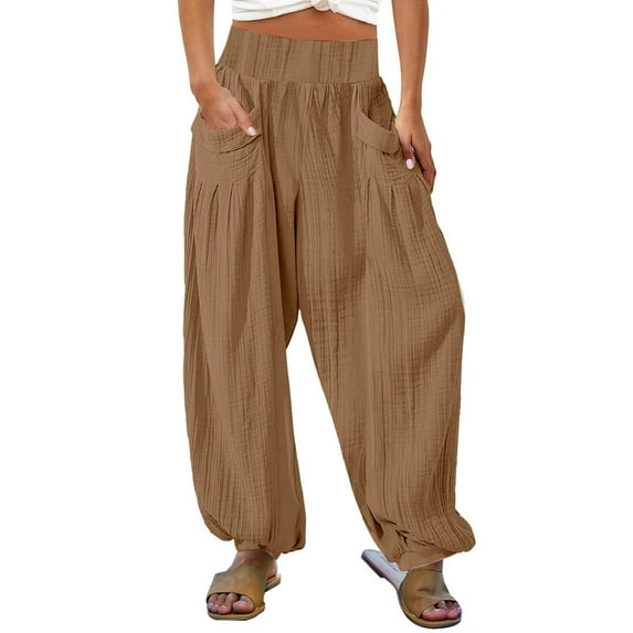 Baqcunre Womens Sweatpants Womens High Waist Wide Leg Pants Palazzo Pants Beach Loose Baggy Harem Pants With Pockets Joggers Pants For Women Womens Pants Coffee XL