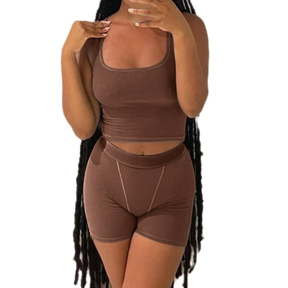 Baqcunre Womens Sweatpants Workout Sets Two Piece Outfits For Women Ribbed Crop Tank Top High Waist Leggings Active Wear Joggers Pants For Women Women'S Pants Brown L