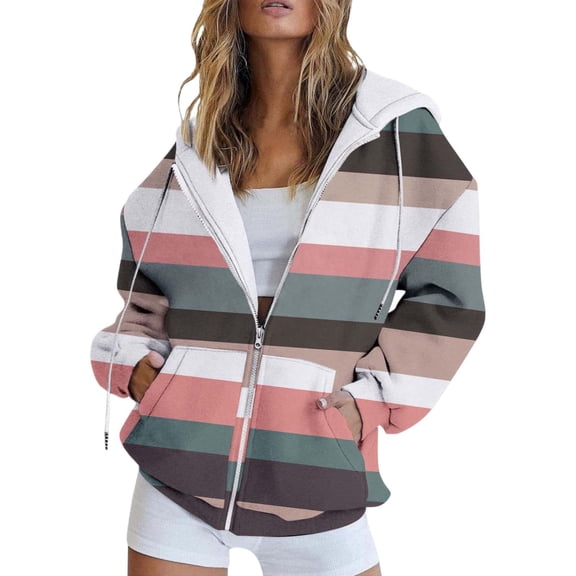 Baqcunre Womens Sweatshirt,Striped Gradient Plaid Printed Pocket Long Sleeve Jacket Zipper Hooded Sweatshirt,Womens Long Sleeve Tops Womens Hoodies,Zip Up Hoodie Women Multicolor XS-6XL