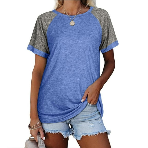 Baqcunre Womens T Shirts Ladies Summer Casual Loose Round Neck Large Size Stitching Short Sleeve T Shirt Womens Short Sleeve Tops Womens Tops Blue XL