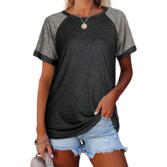 Baqcunre Womens T Shirts Ladies Summer Casual Loose Round Neck Large Size Stitching Short Sleeve T Shirt Womens Short Sleeve Tops Womens Tops Grey S