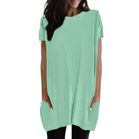 Baqcunre Womens Tops,Casual Fashion Simple Solid Color Round Neck Short Sleeve Pocket Long Top,Shirts for Women Going Out Tops for Women Tops for Women Trendy Green Size XL