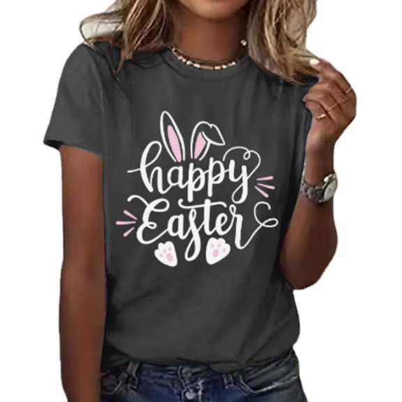 Baqcunre Womens Tops,Easter Cartoon Print Women's Summer Casual Cotton Short Sleeve Tshirt,Shirts For Women,Graphic Tees,Going Out Tops For Women,Womens Clothes,Dark Gray,L
