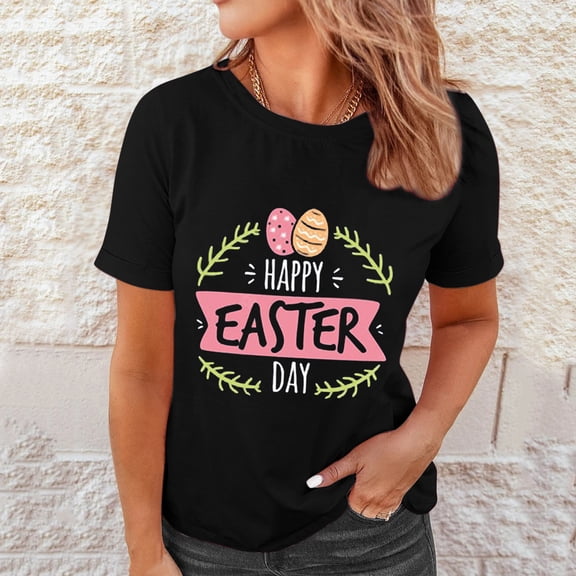 Baqcunre Womens Tops,Fashion Round Neck Short Sleeved Easter Print T Shirt Top,Shirts For Women,Graphic Tees,Going Out Tops For Women,Womens Clothes,Black,L