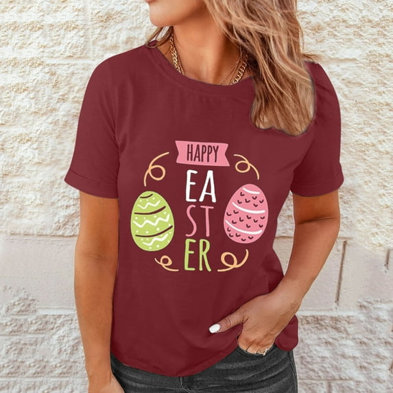 Baqcunre Womens Tops,Fashion Short Sleeved Easter Print Round Neck T Shirt Top,Shirts For Women,Graphic Tees,Going Out Tops For Women,Womens Clothes,Wine,M