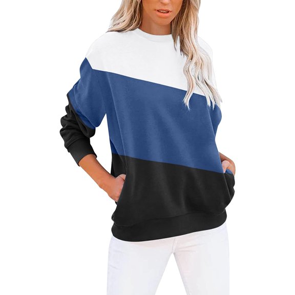 Baqcunre Womens Tops,Round Neck Colorblock Sweatshirt Long Sleeves Pullover Cute Lightweight Loose Tops,Womens Shirts Going Out Tops For Women,Tops For Women Trendy Navy S-XXL
