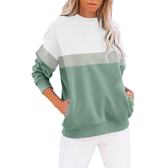 Baqcunre Womens Tops,Round Neck Colorblock Sweatshirt Long Sleeves Pullover Cute Lightweight Loose Tops,Womens Shirts Going Out Tops For Women,Tops For Women Trendy Green S-XXL
