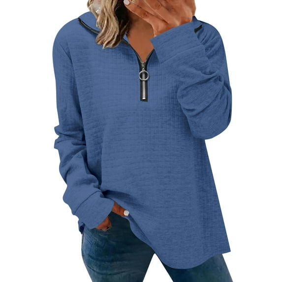 Baqcunre Womens Tops,Tops Dressy Casual 3/4 Length Sleeve V Neck Shirts and Blouses Zipper Collar Shirts Shirts for Women,T Shirts for Women Blue S