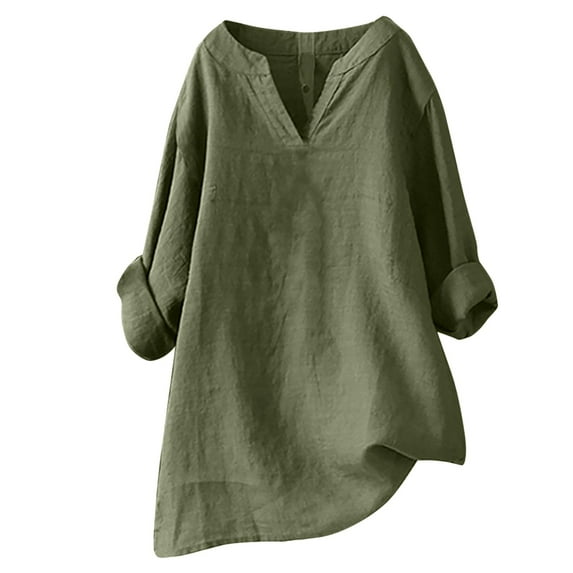 Baqcunre Womens Tops Women's Solid Color Stand Up Collar Cotton Linen Long Sleeved Shirt Shirts for Women Going Out Tops for Women Tops for Women Trendy Green 4XL