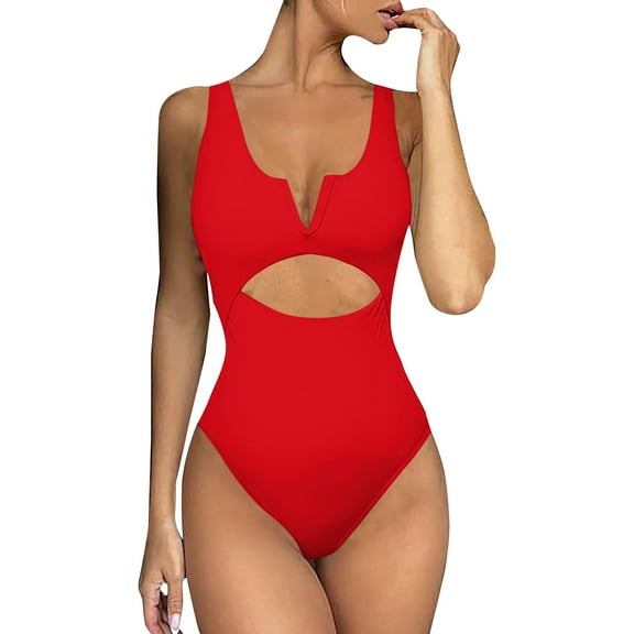 Baqcunre Womens V-Neck One-Piece Swimsuit Tummy Control Contrast Color Panels High Waisted Bathing Suit for Women Slimming Swimwear Red L