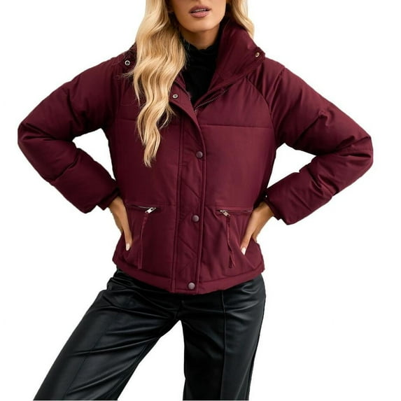Baqcunre Womens Winter Coats Women's Autumn And Leisure Long Sleeve Standing Neck Short Solid Color Slim Fit Solid Color Breadwear Cotton Coat Puffer Jacket Womens Womens Fall Fashion 2023 Red L