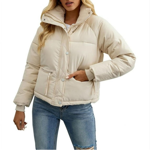 Baqcunre Womens Winter Coats Women's Autumn And Leisure Long Sleeve Standing Neck Short Solid Color Slim Fit Solid Color Breadwear Cotton Coat Puffer Jacket Womens Womens Fall Fashion 2023 White M