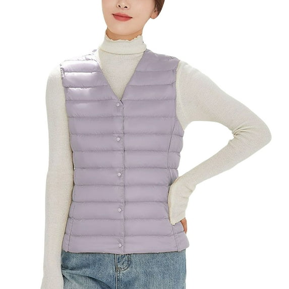 Baqcunre Womens Winter Coats Women's Collarless Down Wear Vest V Neck Light Light Down Jacket Warm Coat Plus Size Vest Womens Jacket Womens Fall Fashion 2023 Purple L