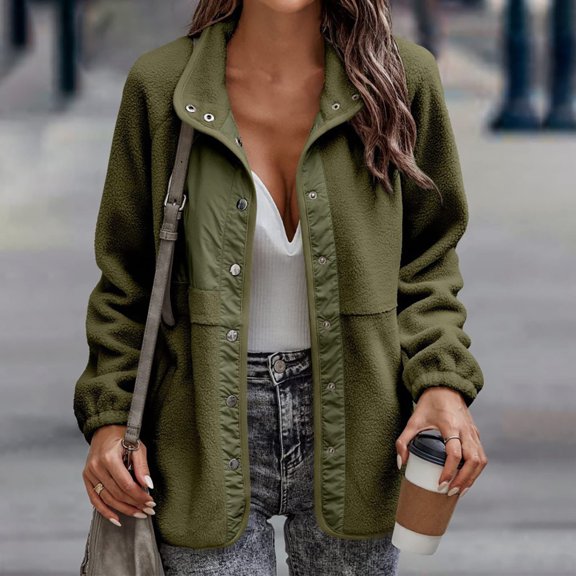 Baqcunre Womens Winter Coats Women's Solid Color Fashion Casual Button Long Sleeve Pocket Fleece Coat Fleece Jacket Fall Outfits Green S