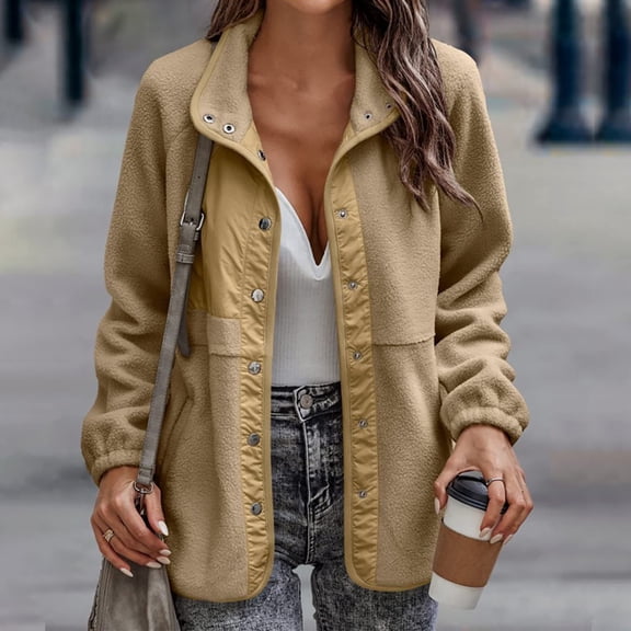 Baqcunre Womens Winter Coats Women's Solid Color Fashion Casual Button Long Sleeve Pocket Fleece Coat Fleece Jacket Fall Outfits Khaki L