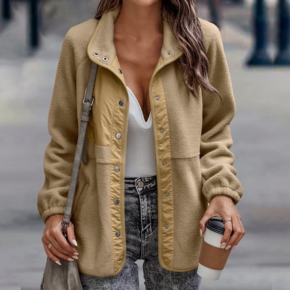 Baqcunre Womens Winter Coats Women's Solid Color Fashion Casual Button Long Sleeve Pocket Fleece Coat Fleece Jacket Fall Outfits Khaki L