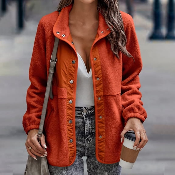 Baqcunre Womens Winter Coats Women's Solid Color Fashion Casual Button Long Sleeve Pocket Fleece Coat Fleece Jacket Fall Outfits Red L