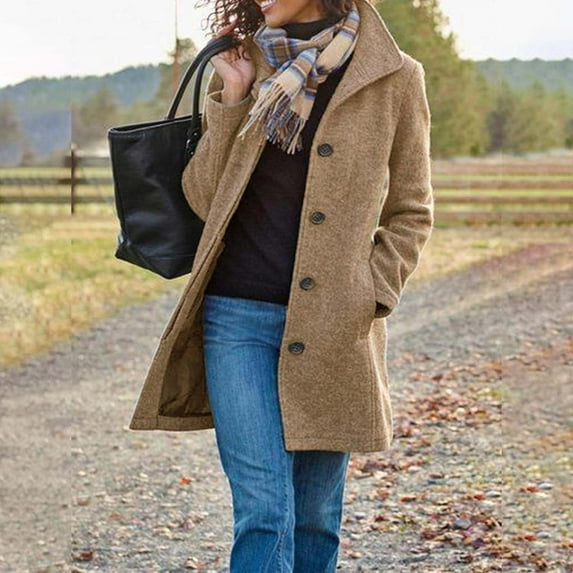 Baqcunre Womens Winter Coats Women's Solid Color Vintage Mid Length Button Wool Jacket Coat Womens Jacket Fall Outfits Khaki L