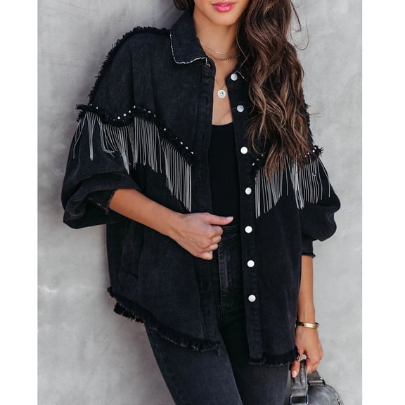 Baqcunre Womens Winter Coats Women's Tassel Single Breasted Solid Color Lapel Coat Long Sleeve Shirt Jacket Womens Jacket Womens Fall Fashion 2023 Black L