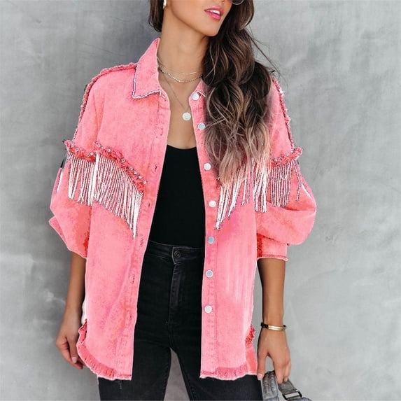 Baqcunre Womens Winter Coats Women's Tassel Single Breasted Solid Color Lapel Coat Long Sleeve Shirt Jacket Womens Jacket Womens Fall Fashion 2023 Pink XL