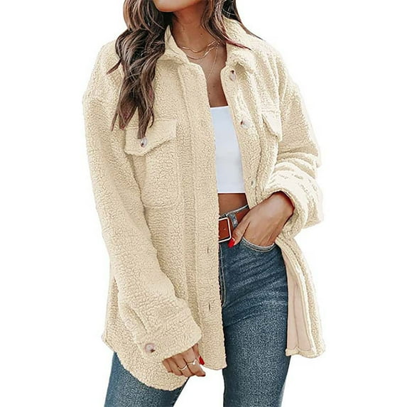 Baqcunre Womens Winter Coats Women's Warm Plush Solid Color Lapel Single Breasted Pocket Loose Coat Fleece Jacket Womens Fall Fashion 2023 Beige L