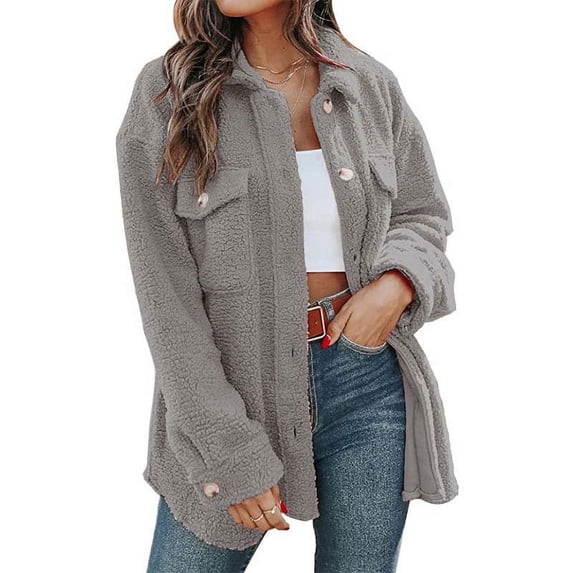 Baqcunre Womens Winter Coats Women's Warm Plush Solid Color Lapel Single Breasted Pocket Loose Coat Fleece Jacket Womens Fall Fashion 2023 Grey XL